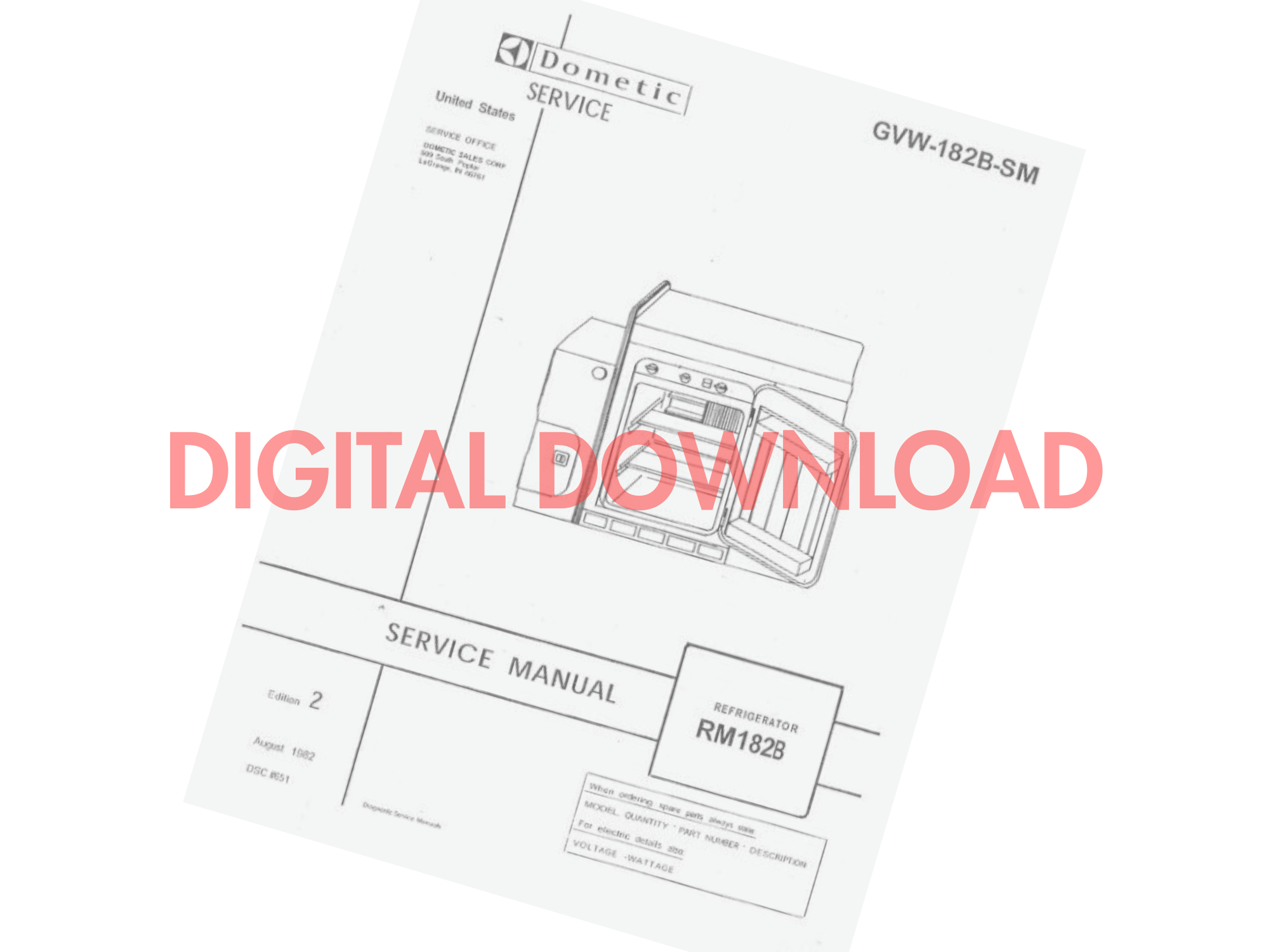 DIGITAL DOWNLOAD] Dometic Fridge 182B Service Manual | GVW-182B-SM
