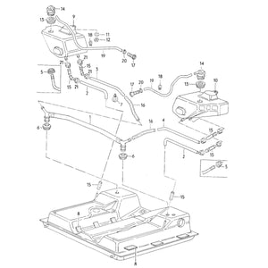 Exploded diagram of 2WD van fuel tank assembly with labeled parts and connecting hoses