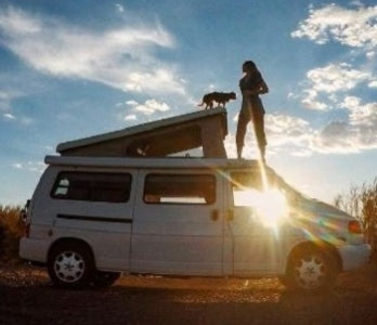 Pictured: woman and dog stand on top of white camper van with blue sky and sun in the background