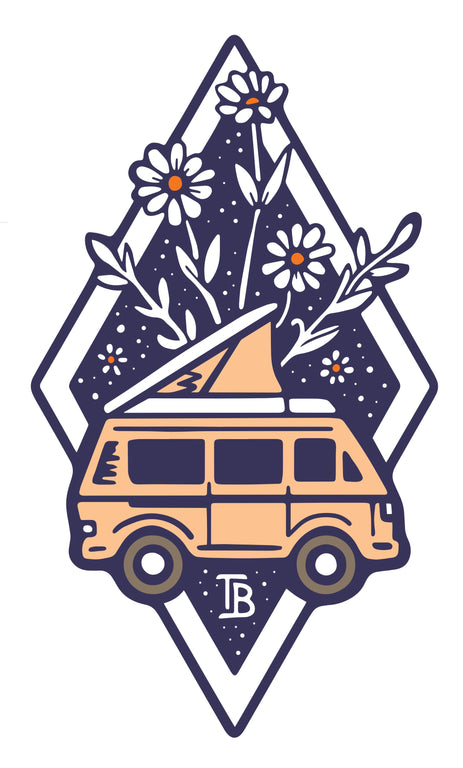Retro camper van illustration with pop-top roof, surrounded by daisy flowers on a geometric background.