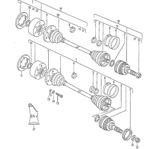Exploded diagram of Volkswagen CV axle assembly with labeled parts and hardware.