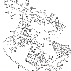 Vanagon cooling system diagram with labeled hoses, pipes, and radiator components