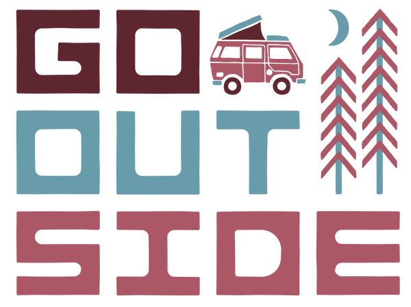 Go outside graphic with retro van, pine trees, and moon for outdoor adventure inspiration