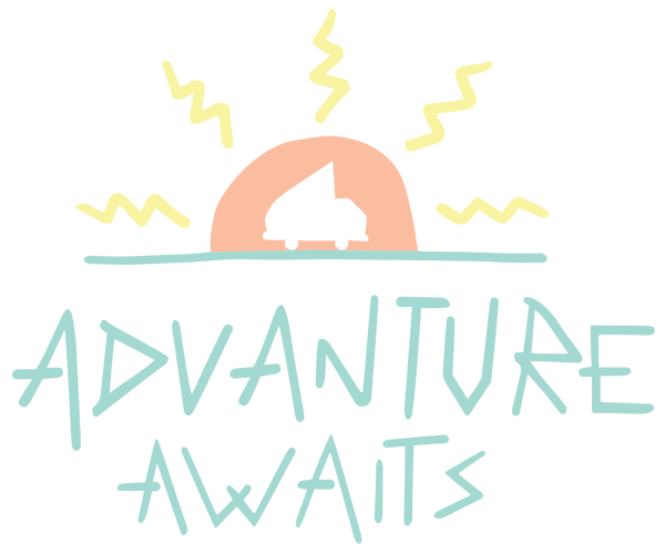 Hand-drawn camper van silhouette at sunrise with text 'Advanture Awaits', adventure theme