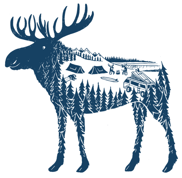 Moose silhouette with forest, mountains, camping tents, campfire, and a vehicle graphic