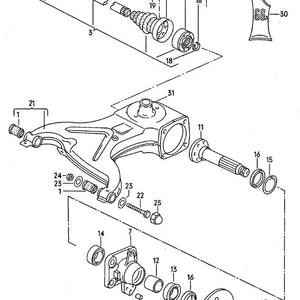 Exploded diagram of a vehicle trailing arm assembly, CV axle, and wheel hub parts.