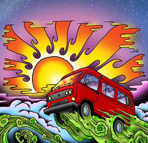 Colorful illustration of a red camper van driving on green waves with a vibrant sunset and starry sky