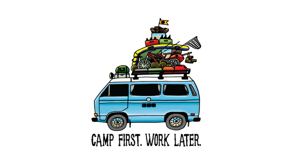 Blue camper van loaded with camping gear, bicycles, and travel essentials on the roof.