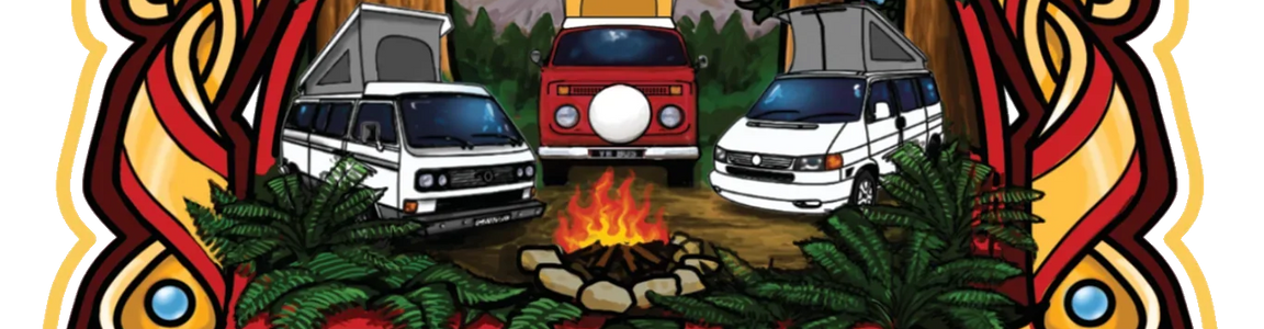 Colorful badge with three camper vans, mountains, campfire, and decorative border