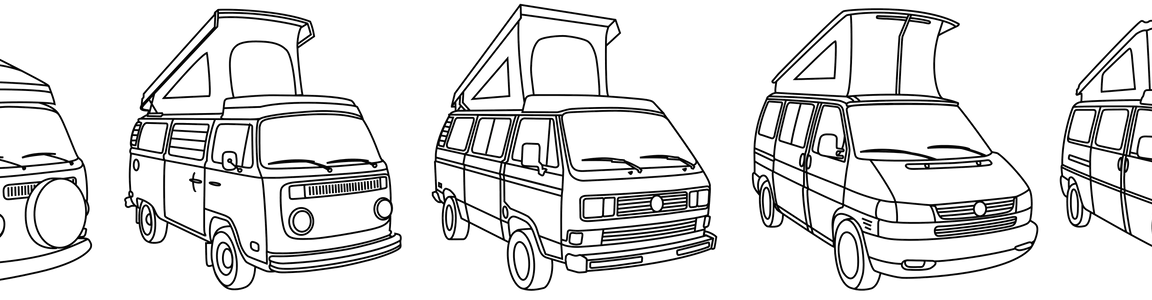 Lineup of classic pop-top camper vans in a row, side view, retro van illustration