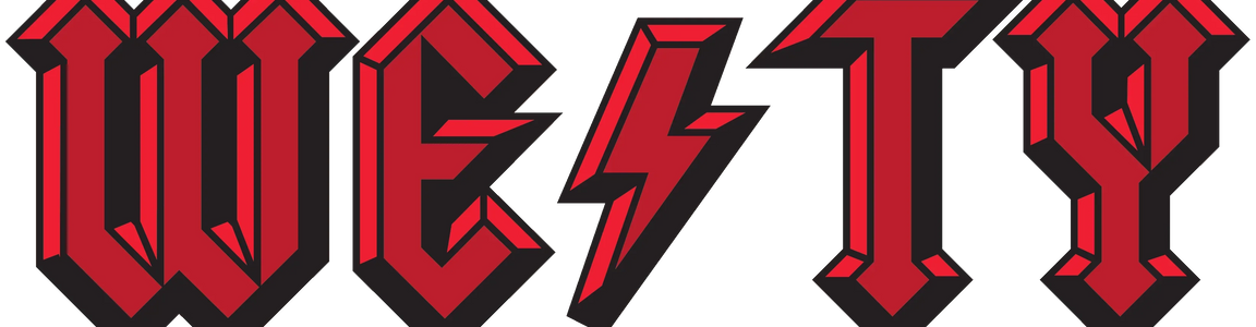 Bold red and black 'WESTY' text in angular, rock-inspired font with lightning bolt S.