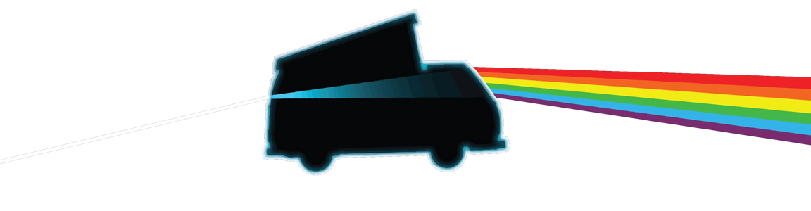 Silhouette of a pop-top camper van with a rainbow prism beam on black background