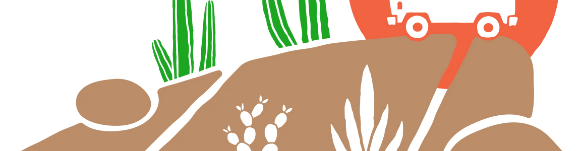 Illustration of a van on desert rocks with cacti, sunset, and text 'Baja Rocks'