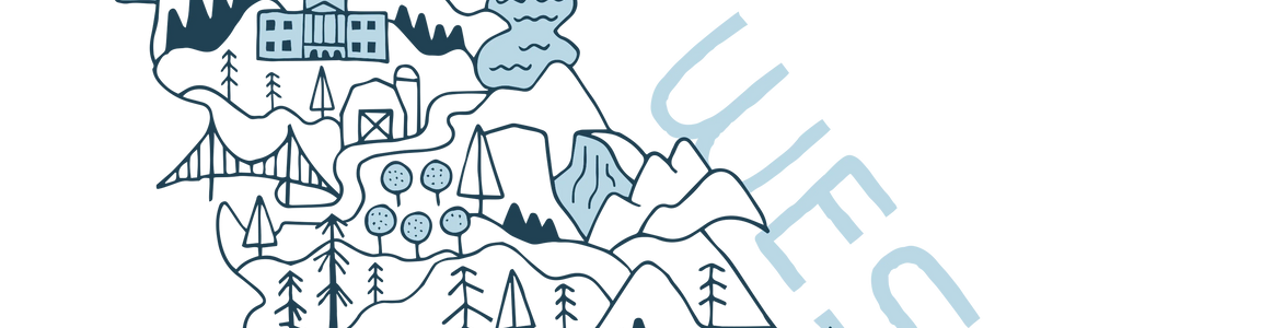 Illustrated California map with mountains, forests, city icons, and the text 'GO WESTY'.