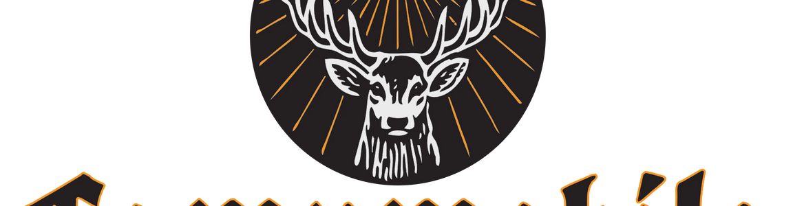 Campmobile logo with stylized deer head, antlers, and camper van outline on black background