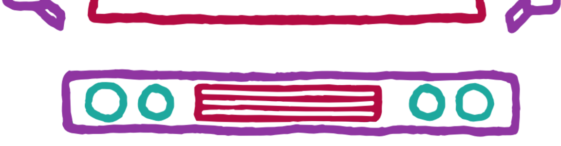 Colorful line art of a classic camper van front view with distinct headlights and side mirrors.