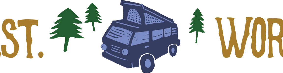 Camp First Work Later graphic with camping van and pine trees illustration