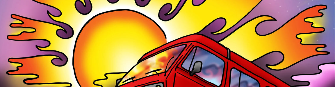 Red camper van driving through vibrant clouds with colorful sunset and swirling waves