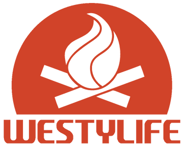 Campfire flame and logs icon with bold WESTYLIFE text in a circular orange graphic