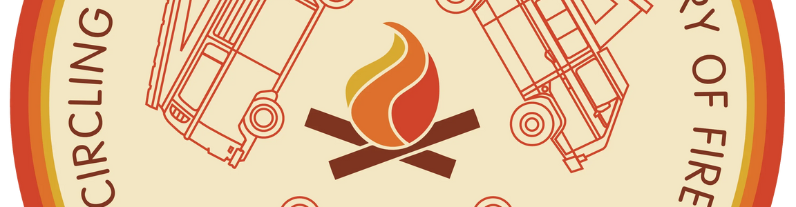 Circle logo with line art camper vans circling a campfire and 'Circling the Wagens Since the Discovery of Fire' text