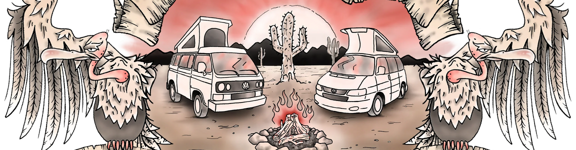 Desert scene with vintage camper vans, vultures, cactus, campfire, and sunset illustration
