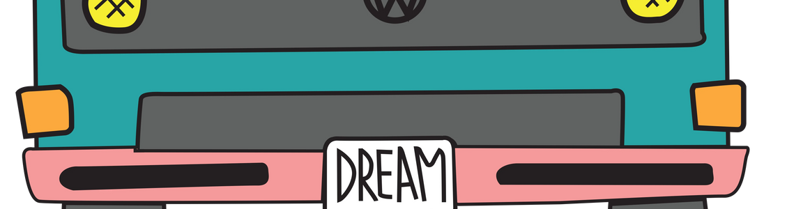Cartoon rear view of teal van with yellow headlights and DREAM license plate