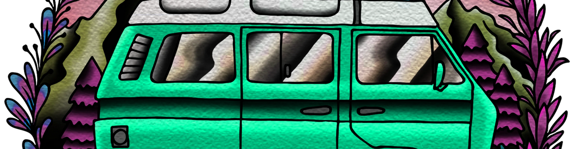 Green camper van illustration with mountains, moon, and 'Every Path Leads Home' text banner