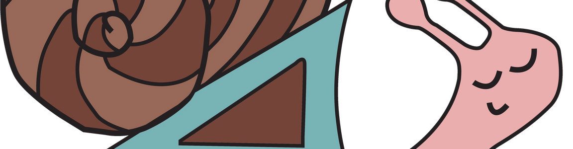 Cartoon pink snail with a brown spiral shell and blue triangle accent, outlined in black.