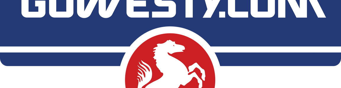 GOWESTY.COM logo with stylized prancing horse in red circle and bold blue background