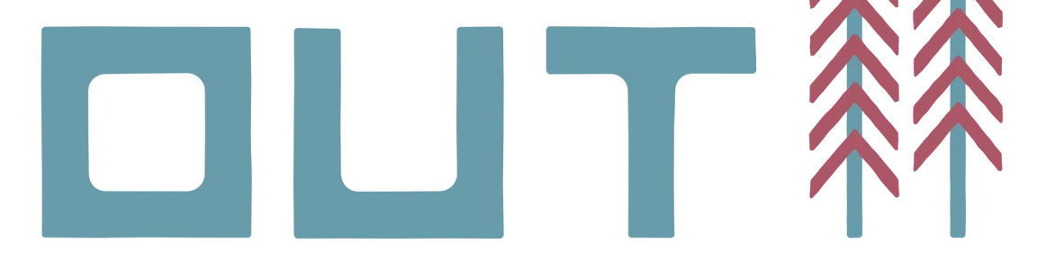 Go Outside graphic with camper van, pine trees, and moon in bold, colorful letters