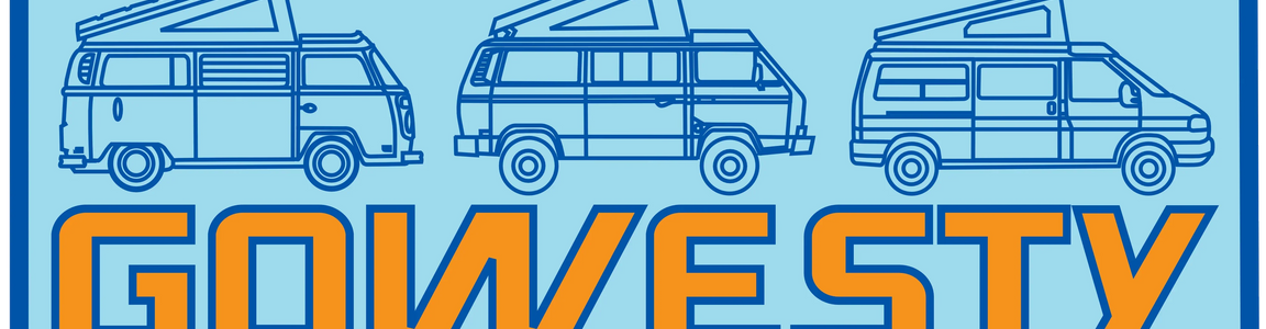 Line drawings of three classic camper vans with pop-top roofs above bold text reading GOWESTY