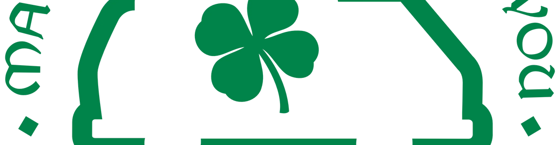 Green outline of a camper van with a shamrock, surrounded by 'May Good Luck Be With You Wherever You Go' text