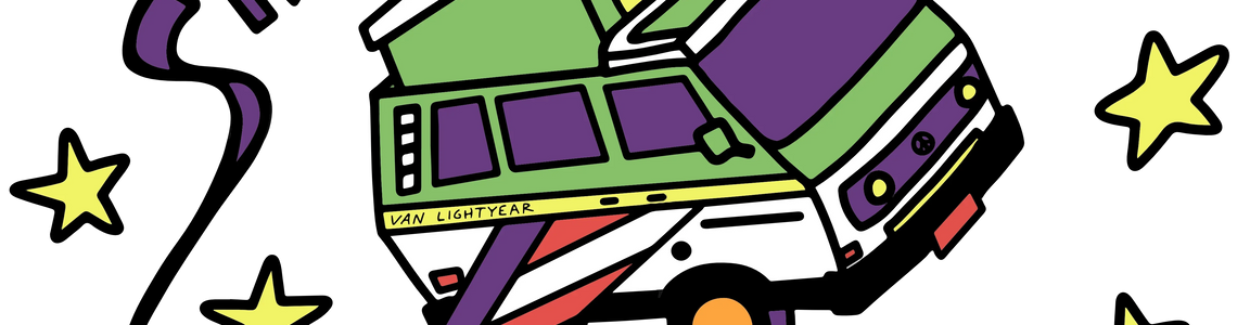 Cartoon camper van flying through space with stars, planets, and 'To Simplicity and Beyond' text.