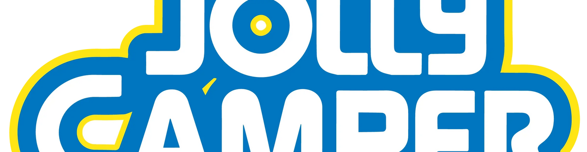 Jolly Camper logo in bold white text with blue and yellow outline, playful design