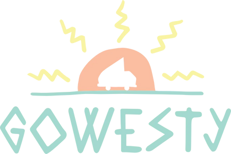 Outline of a camper van under an orange arch with yellow sun rays and pastel 'GOWESTY' text