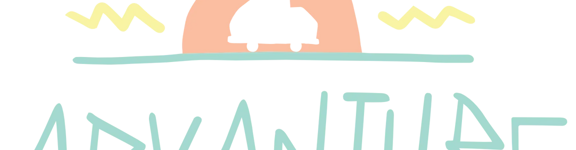 Hand-drawn camper van under sunrise with 'ADVANTURE AWAITS' text, road trip artwork.