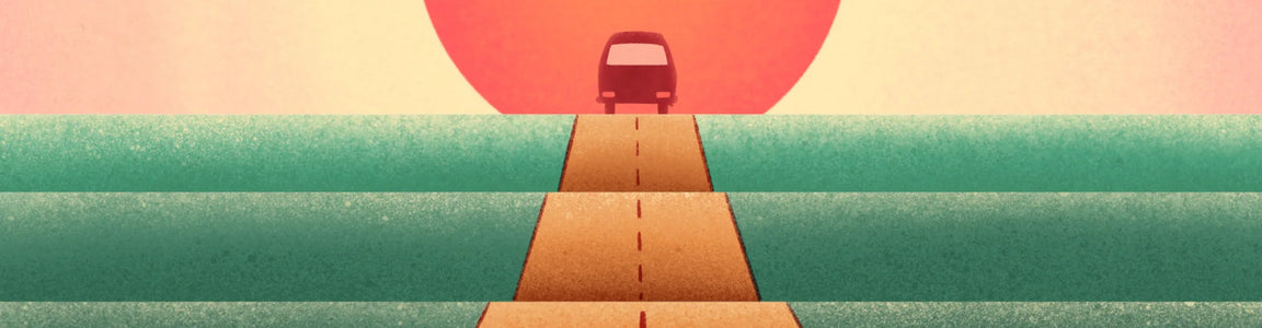 Van driving on a rural road toward a large sunset, fields on both sides, minimalist style