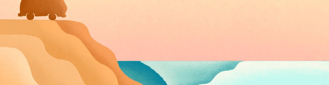 Van with surfboards on cliff overlooking ocean waves at sunset, retro travel illustration