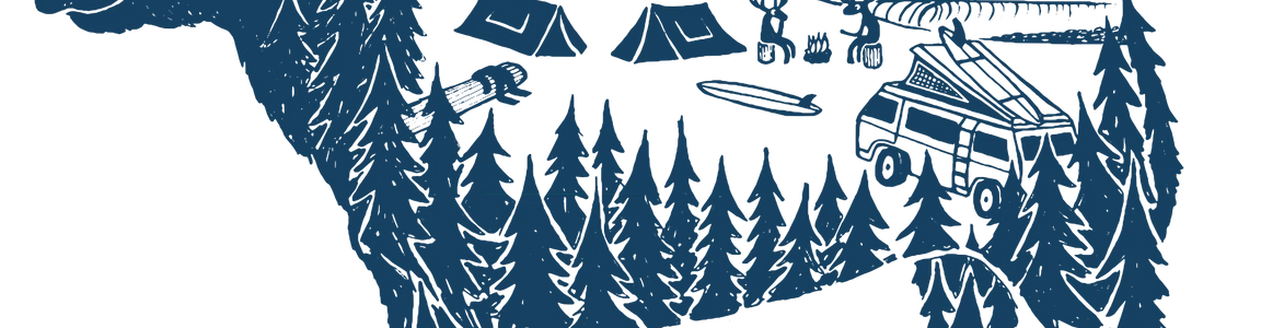 Illustration of a moose silhouette with camping scene, tents, van, trees, and mountains inside.