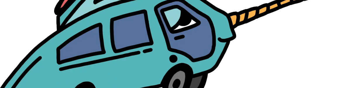 Cartoon camper van with pop-top roof, narwhal horn, and smiling face illustration