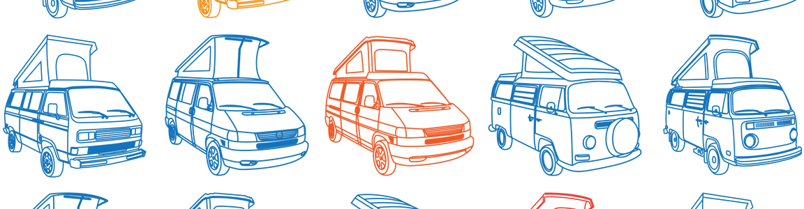 Pattern of colorful pop-top camper van outlines on black background, vintage vehicle art