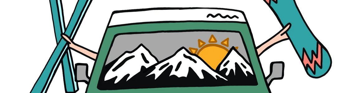 Cartoon van with hands holding skis and snowboard, mountains and sun in window