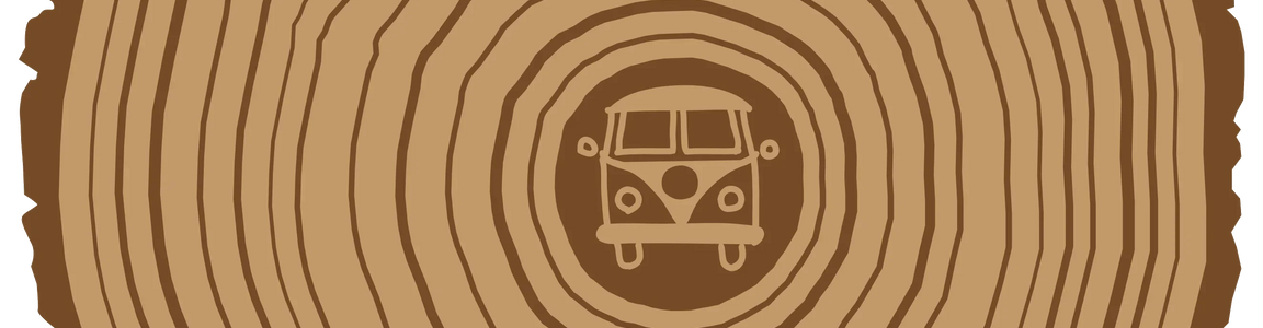 tree ring illustration with vintage van front view at center, wood texture graphic