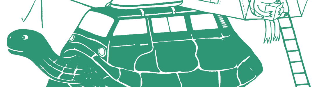 Illustration of a turtle shaped like a camper van with two animals reading in a rooftop tent