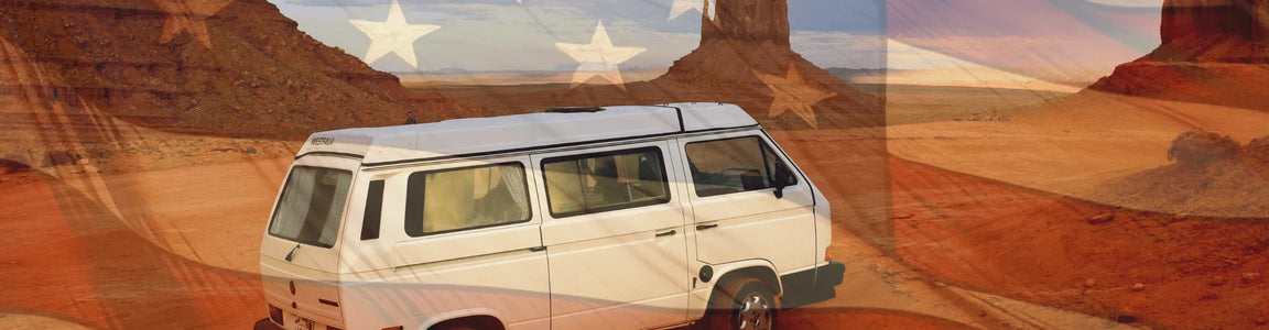White camper van in Monument Valley desert with American flag overlay