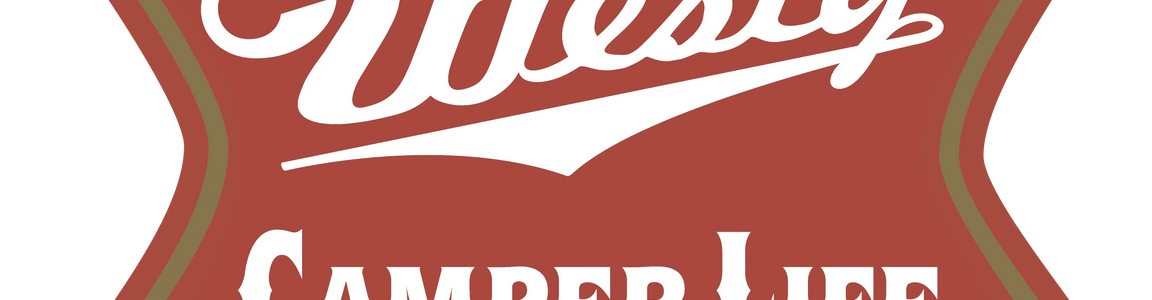 Retro red and olive badge with Westy Camper Life text, vintage camping graphic design.