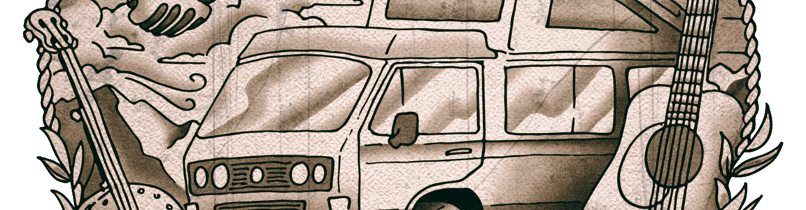 Illustrated Westy camper van with pop-top, guitar, banjo, retro microphone, and 'Westy Sessions' text.