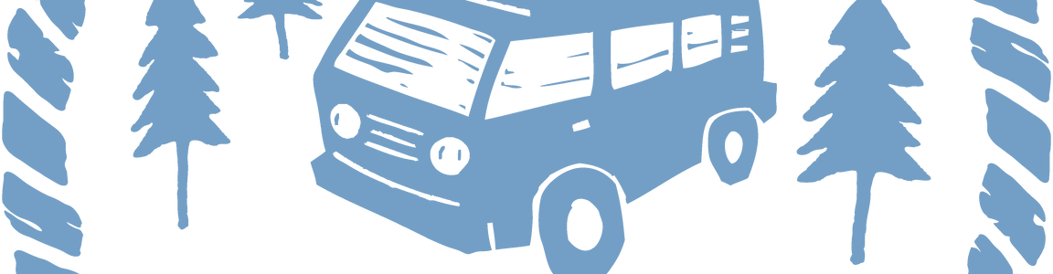 Blue camper van illustration with pine trees, rope border, and California U.S.A. text.