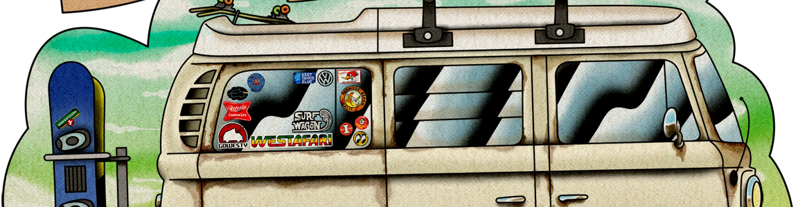 Retro van with surfboards on roof, stickers on window, and snowboard attached, labeled 'Westylife Boardriders'.
