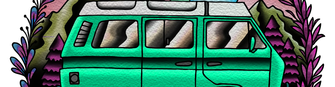 Vintage green camper van illustration with mountains, moon, and text 'Every Path Leads Home'.